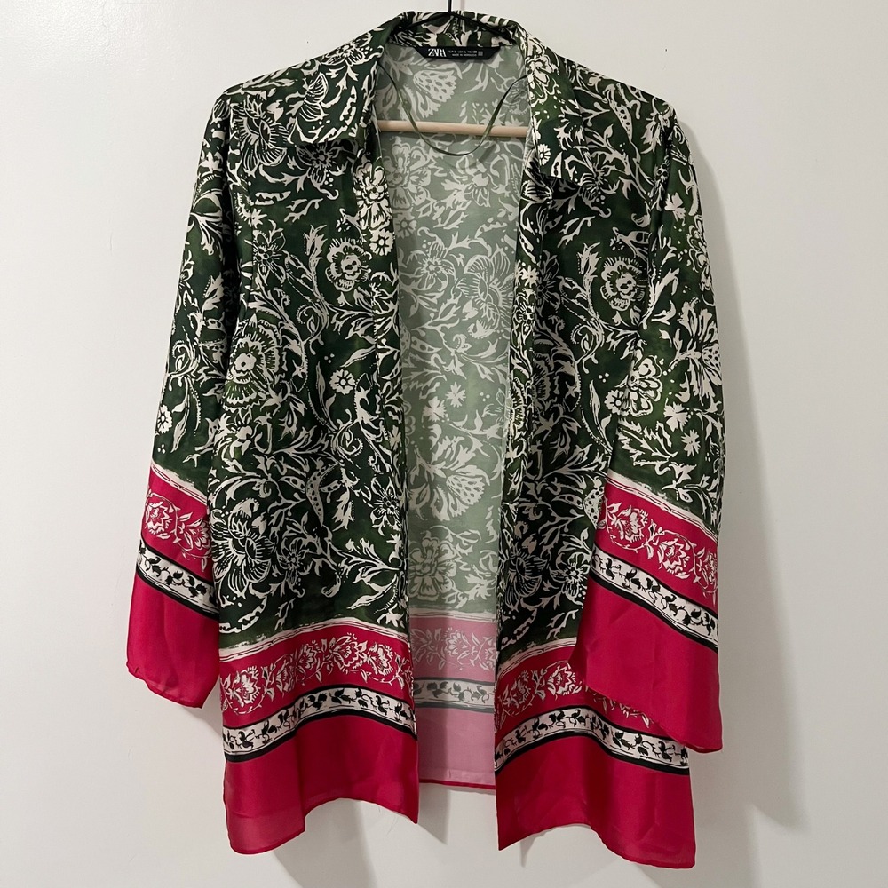 Zara‎ Womens Large Green Pink Floral Kimono Cardigan Open Front Shirt Boho Slits